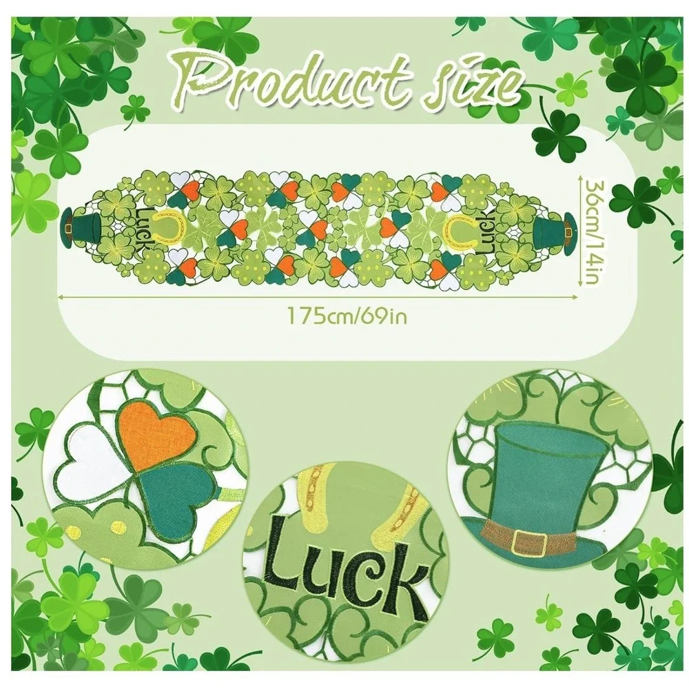 St Patricks Day Table Runner 69x14 Embroidered Shamrock Leprechaun Hat Green